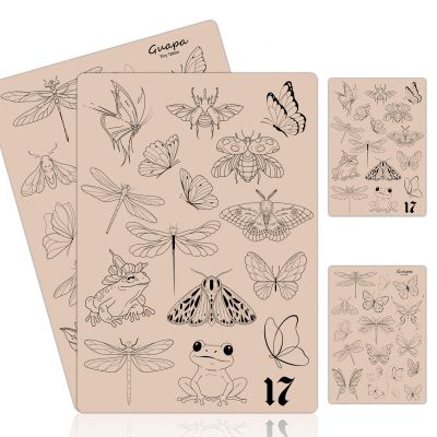 2PCS Double-Sided Tattoo Practice Skin with Pre-Printed Light Gray Stencil Designs 1.5mm Thick Silicone Pad for Fine Line & Tiny Tattoo Training (2PCS Pink Pad #17)