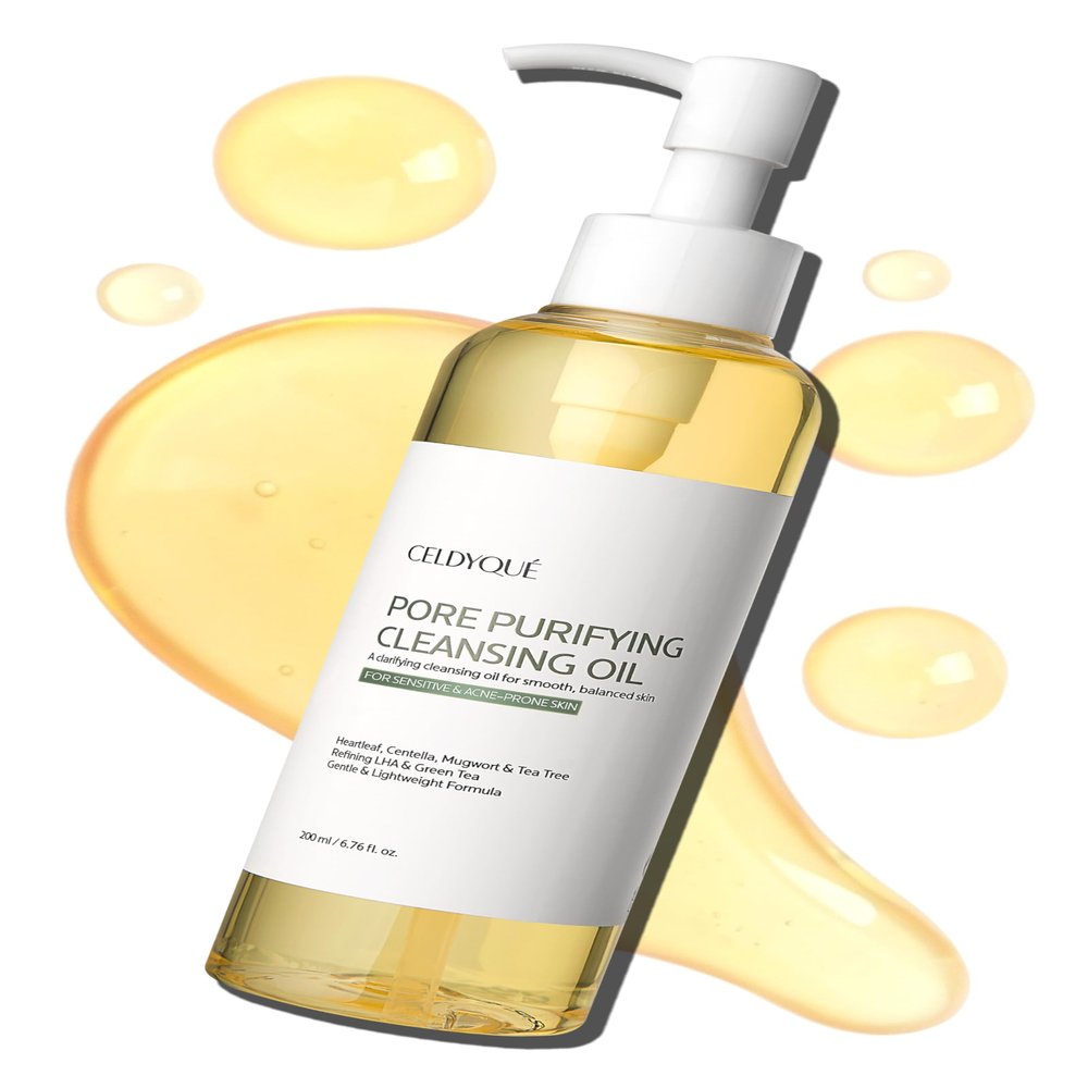 CELDYQUE Pore Purifying Cleansing Oil Korean Face Wash with Centella, Tea Tree, Green Tea & LHA Gentle Makeup Remover for Sensitive, Acne-Prone Skin, Deep Pore Cleanser, 6.76 fl oz