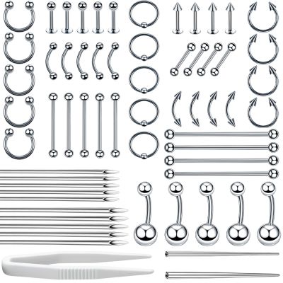 Body Septum Piercing Jewelry, 14G 16G Nose Tongue Lip Ear Eyebrow Belly Button Cartilage Tragus Industrial Barbell Helix Daith Body Jewelry with Piercing Needles (Silvery- 63 Piece Set)