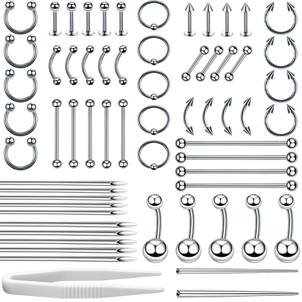 Body Septum Piercing Jewelry, 14G 16G Nose Tongue Lip Ear Eyebrow Belly Button Cartilage Tragus Industrial Barbell Helix Daith Body Jewelry with Piercing Needles (Silvery- 63 Piece Set)