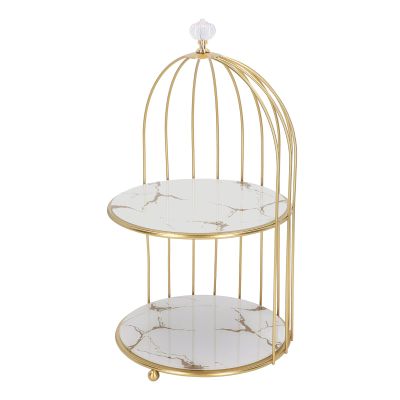 AYNEFY Bird Cage Storage Rack 2-Tier Cosmetic Organizer Double Layer Makeup Stand with Iron Glass Design for Bathroom Countertop Dressing Table (White Base Gold Pattern)