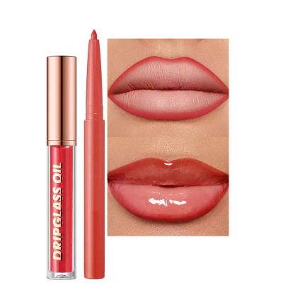 Hyesamyo Red Lip Liner Waterproof Lip Liner and Gloss Set High Pigment Long Lasting Plum Smudge proof Lip Gloss and Lip Liner Set (10# Red)