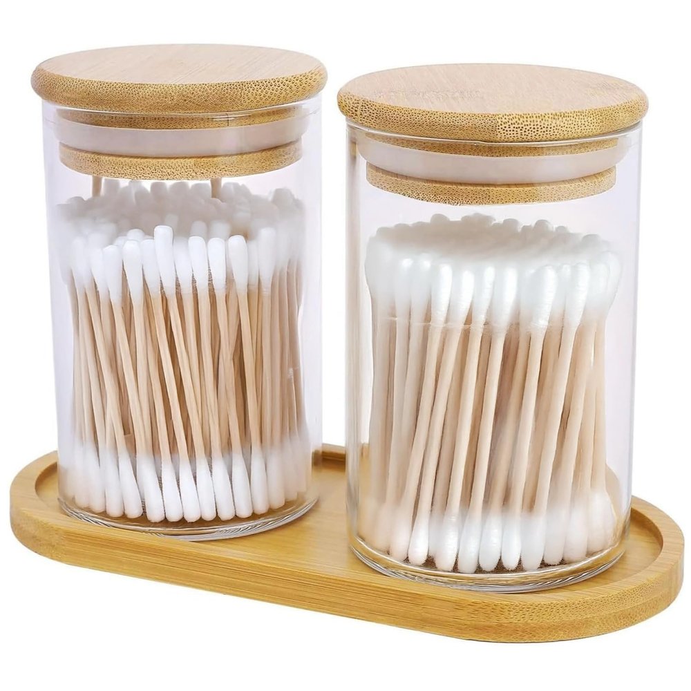 Kronabelle Swab Cotton Jars with Tray, Bathroom Apothecary Jars, Glass Set for Cotton Balls, Wooden Lids and Clear Cosmetic Cleaning Swabs Containers, Countertop Vanity