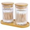 Kronabelle Swab Cotton Jars with Tray, Bathroom Apothecary Jars, Glass Set for Cotton Balls, Wooden Lids and Clear Cosmetic Cleaning Swabs Containers, Countertop Vanity view 1