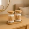Kronabelle Swab Cotton Jars with Tray, Bathroom Apothecary Jars, Glass Set for Cotton Balls, Wooden Lids and Clear Cosmetic Cleaning Swabs Containers, Countertop Vanity view 4