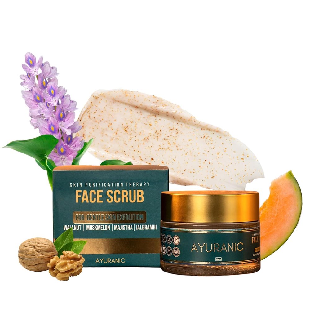 Non-Drying De-Tan Face Scrub for Glowing Skin | Ayurvedic Hydrating Natural Walnut Scrub for Brightening | Gentle Exfoliation for Blackheads, Tan & Dead Skin Removal | For Men & Women(50ml)