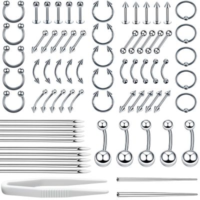 Body Septum Piercing Jewelry, 14G 16G Nose Tongue Lip Ear Eyebrow Belly Button Cartilage Tragus Industrial Barbell Helix Daith Body Jewelry with Piercing Needles (Silvery- 73 Piece Set)