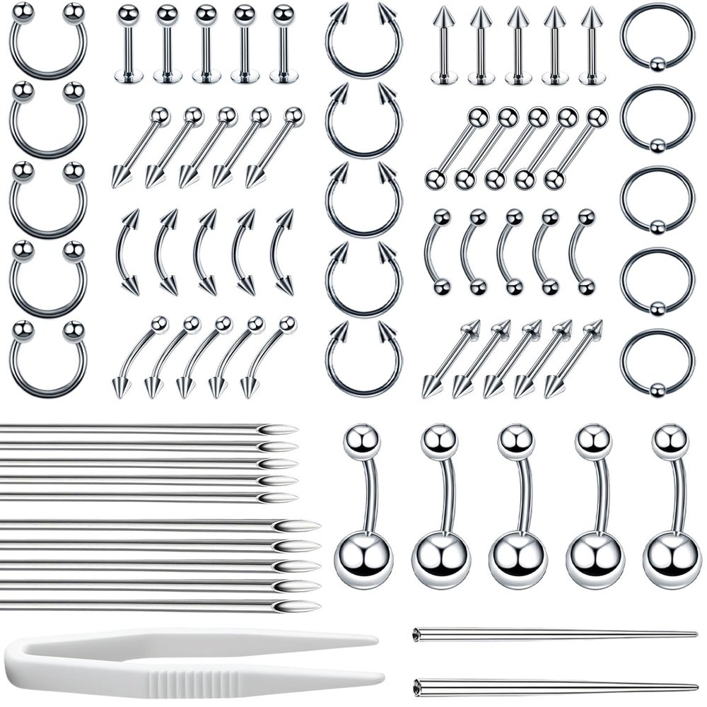 Body Septum Piercing Jewelry, 14G 16G Nose Tongue Lip Ear Eyebrow Belly Button Cartilage Tragus Industrial Barbell Helix Daith Body Jewelry with Piercing Needles (Silvery- 73 Piece Set)