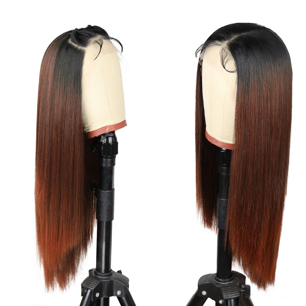 13x4 HD Synthetic Lace Front Wig Ombre Reddish Brown Wig with Black Root 26 Inch Long Straight Heat Resistant Fiber Pre-Plucked Glueless Wig with Baby Hair Beginner Friendly Synthetic Wig for Women