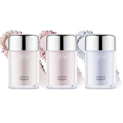 glow seasoning highlighter | luminous loose-powder highlighter | ultra-fine particles for pore-blurring smooth skin | precision seasoning jar for controlled application | 0.11 fl oz 3 ea