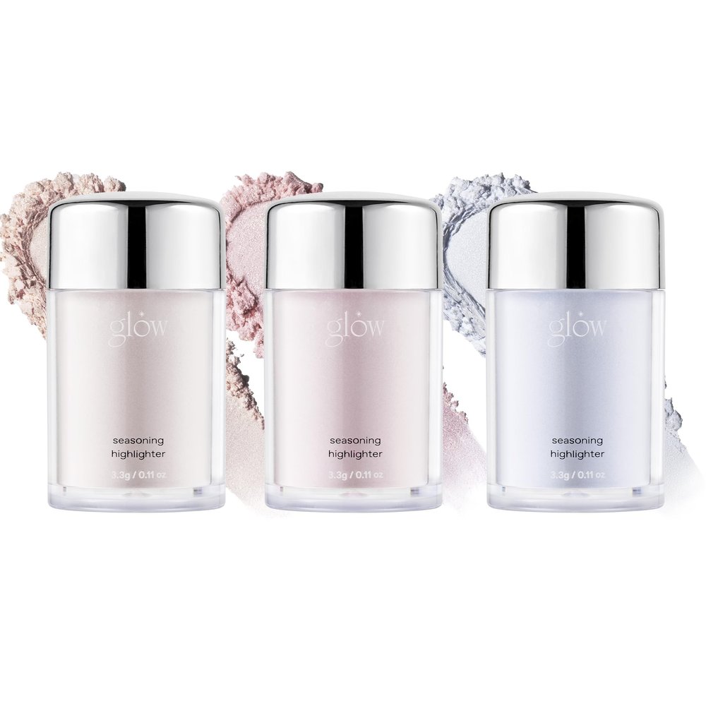 glow seasoning highlighter | luminous loose-powder highlighter | ultra-fine particles for pore-blurring smooth skin | precision seasoning jar for controlled application | 0.11 fl oz 3 ea