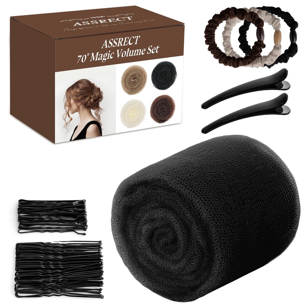 70 * 5"Updo Hair Hair Bumps, Volume Insert Kit Accessories with 20 Bobby Pins, 20 U-Shape Pins, 2 Duckbill Clips, 3 Hair Ties Ponytail Volumizer For Bun, Wedding, Party (Black)