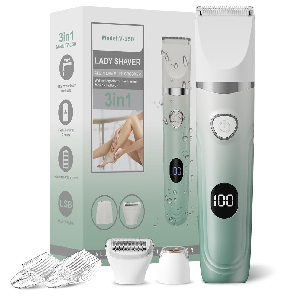 Bikini Trimmer for Women, 3-in-1 Electric Razors for Women, Waterproof Bikini Shaver Replaceable Facial, Body Trimmer for Pubic Hair, Painless Razor for Hair Trimmer Gifts for Her, Mint Green