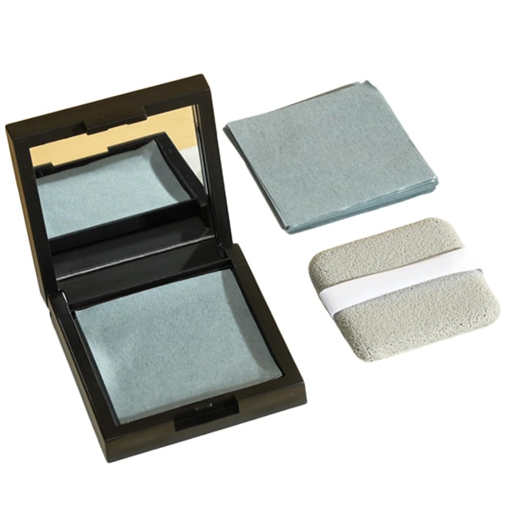 BIUDECO Portable Facial Oil Absorbing with Mirror and Puff Oil Control Blotting Paper for Oily Skin Pore Minimizing Face Cleaning Paper for Combination Skin Makeup Friendly