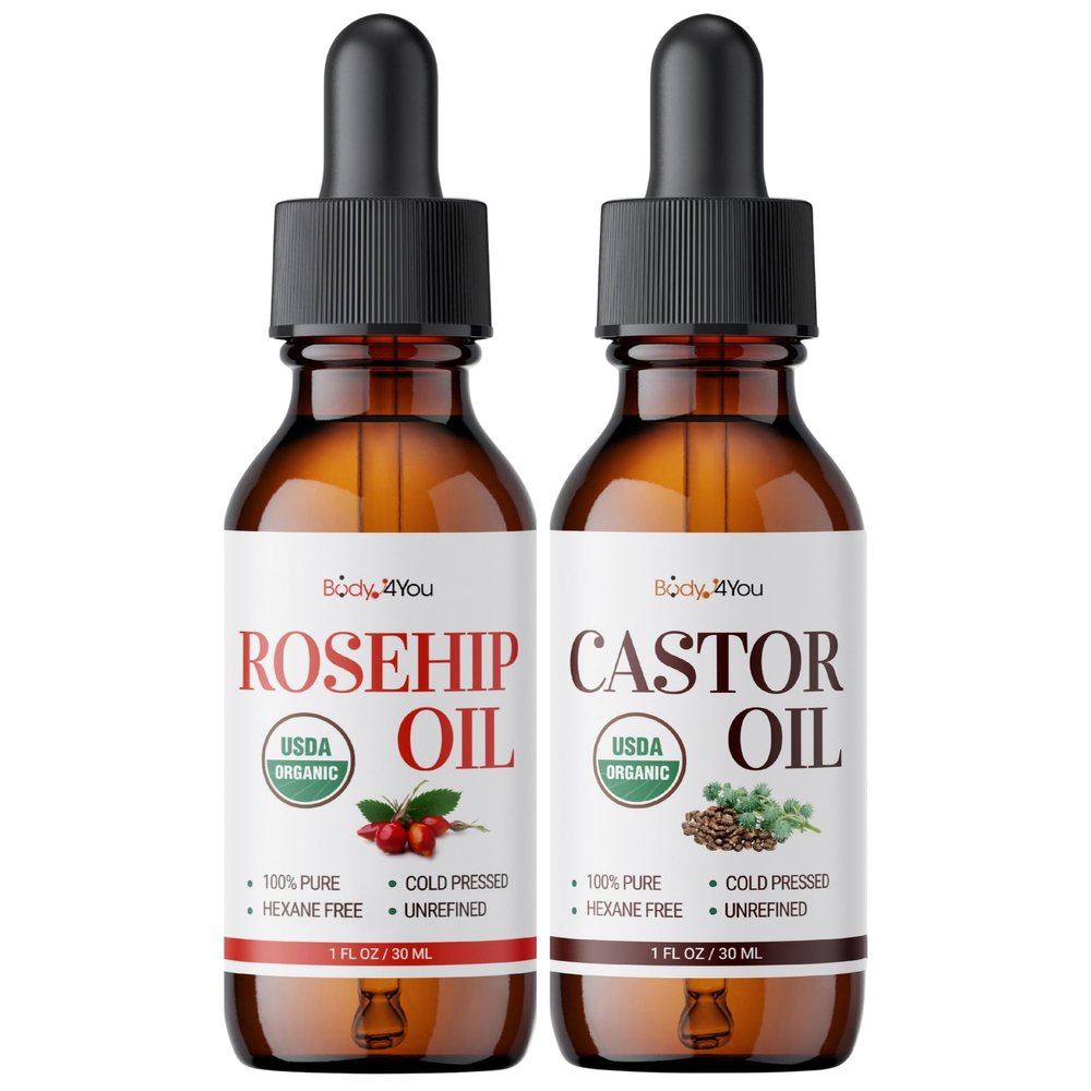BodyJ4You Organic Rosehip Oil + Castor Oil Set - 100% Pure Natural USDA Organic Cold Pressed Carrier Oils for Face Hair Skin Eyelashes Eyebrows Nails - Non-GMO Hexane Free Unrefined Hydrating Care Set