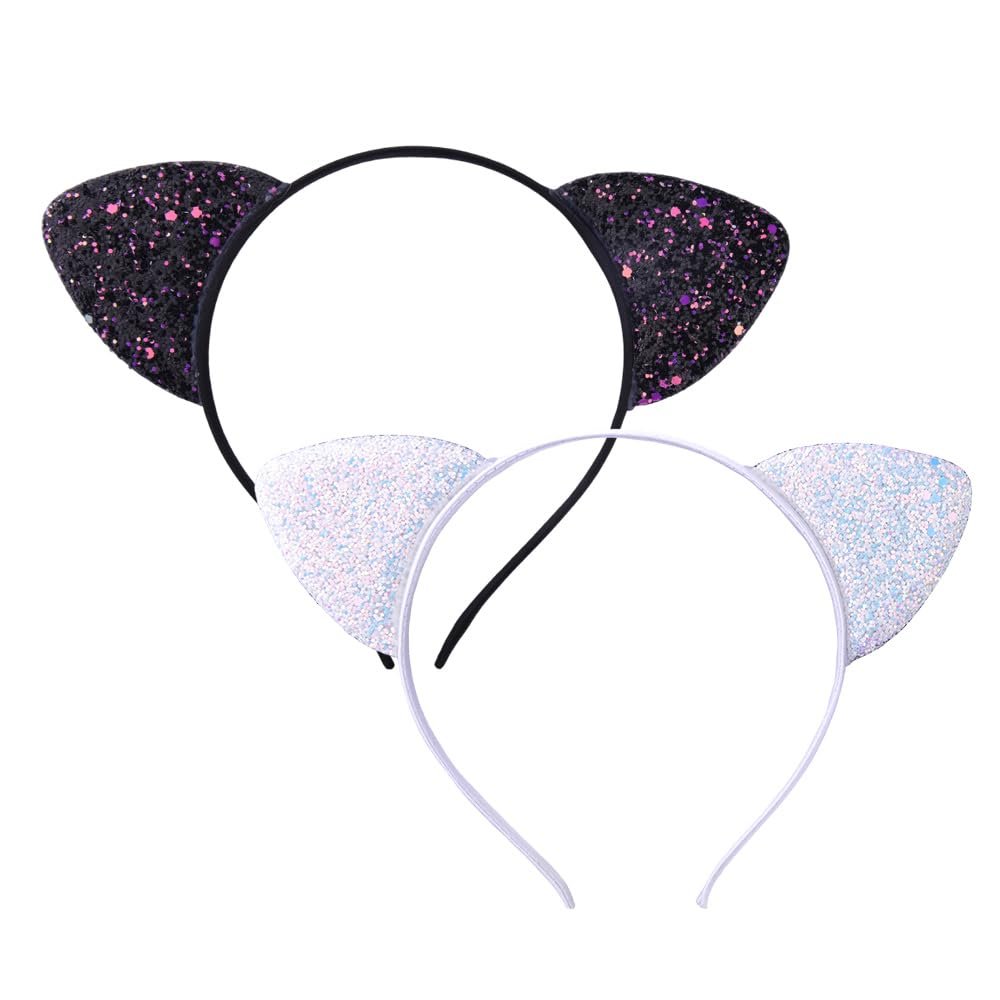 Sudaporn Giltter Cat Ear Halloween Costume Accessories Confetti Black White Ear HeadBands Animal Themed Party Cat Hair Accessory for Halloween Cosplay Celebration 2PCS Sparkly Kitty Hair Bands