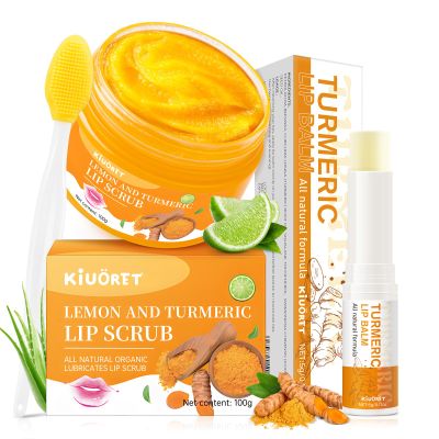 Turmeric Lemon Lip scrub & Turmeric Lip Balm with Brush Set 3PCS - Lips Scrubber Exfoliator for Dark Lips, Reduces Fine Lines Lip - Hydrating & Smooth Cracked, Dull, Dry