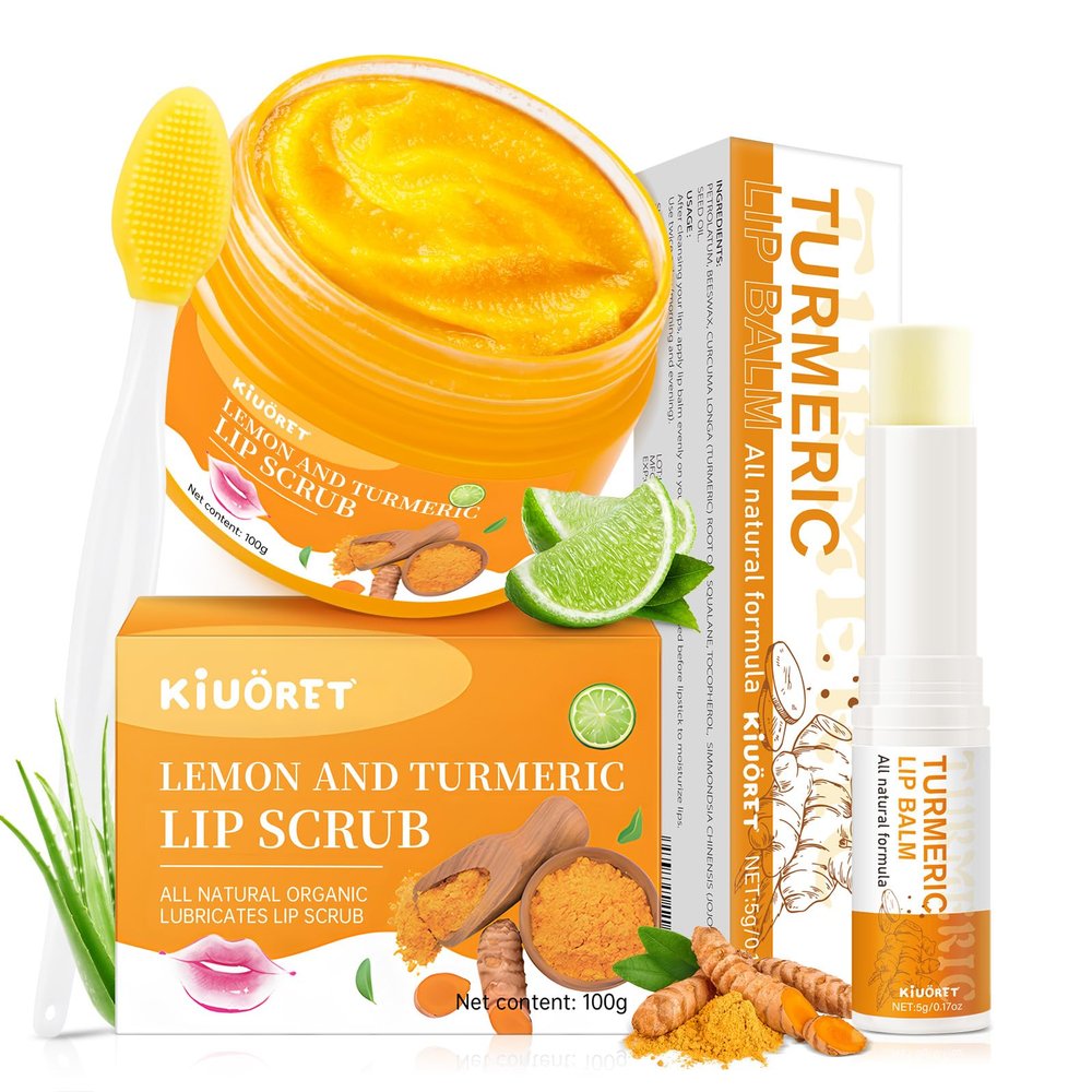 Turmeric Lemon Lip scrub & Turmeric Lip Balm with Brush Set 3PCS - Lips Scrubber Exfoliator for Dark Lips, Reduces Fine Lines Lip - Hydrating & Smooth Cracked, Dull, Dry