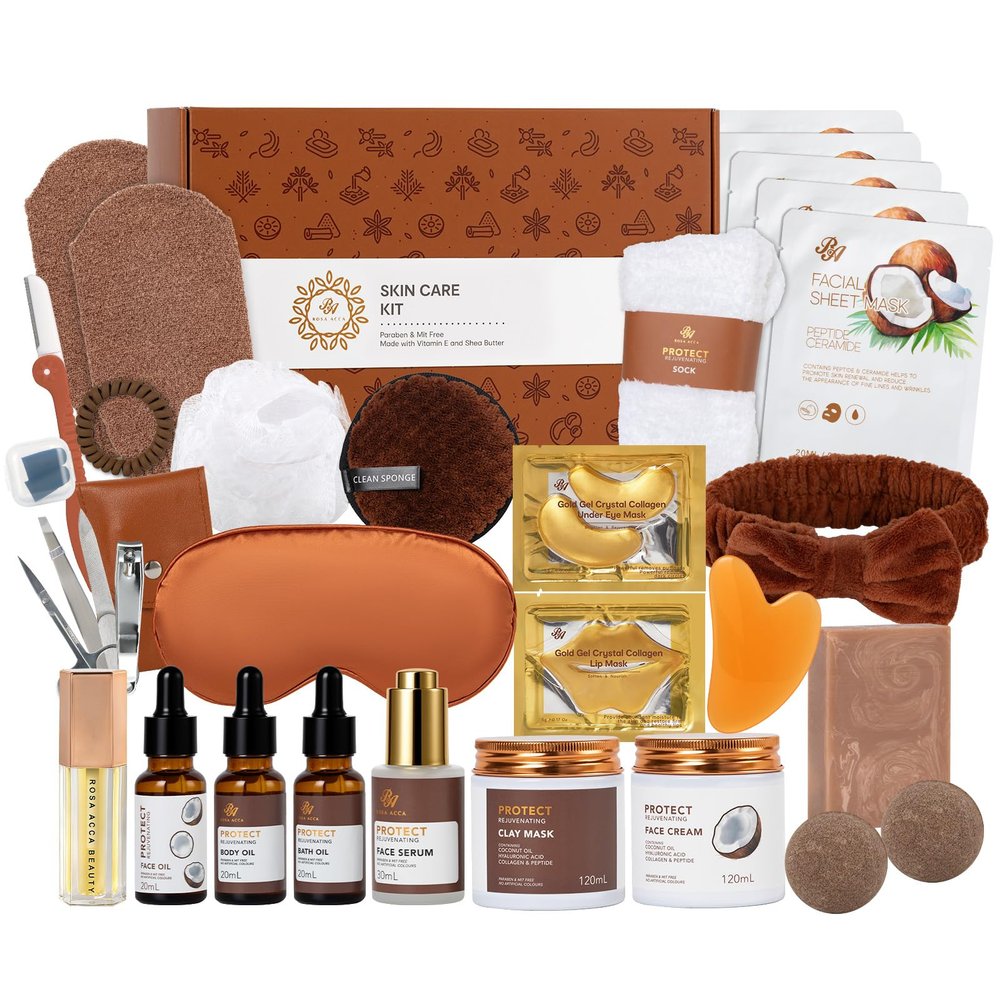 Christmas Gifts for Women, Coconut 32 Pcs Facial Skin Care Kit, Home Spa & Self-Care Gifts, Bath and Body, Lip Oil, Face Sheet Mask, Serum, Birthday, Valentines, Mother Day, All Occasion Present