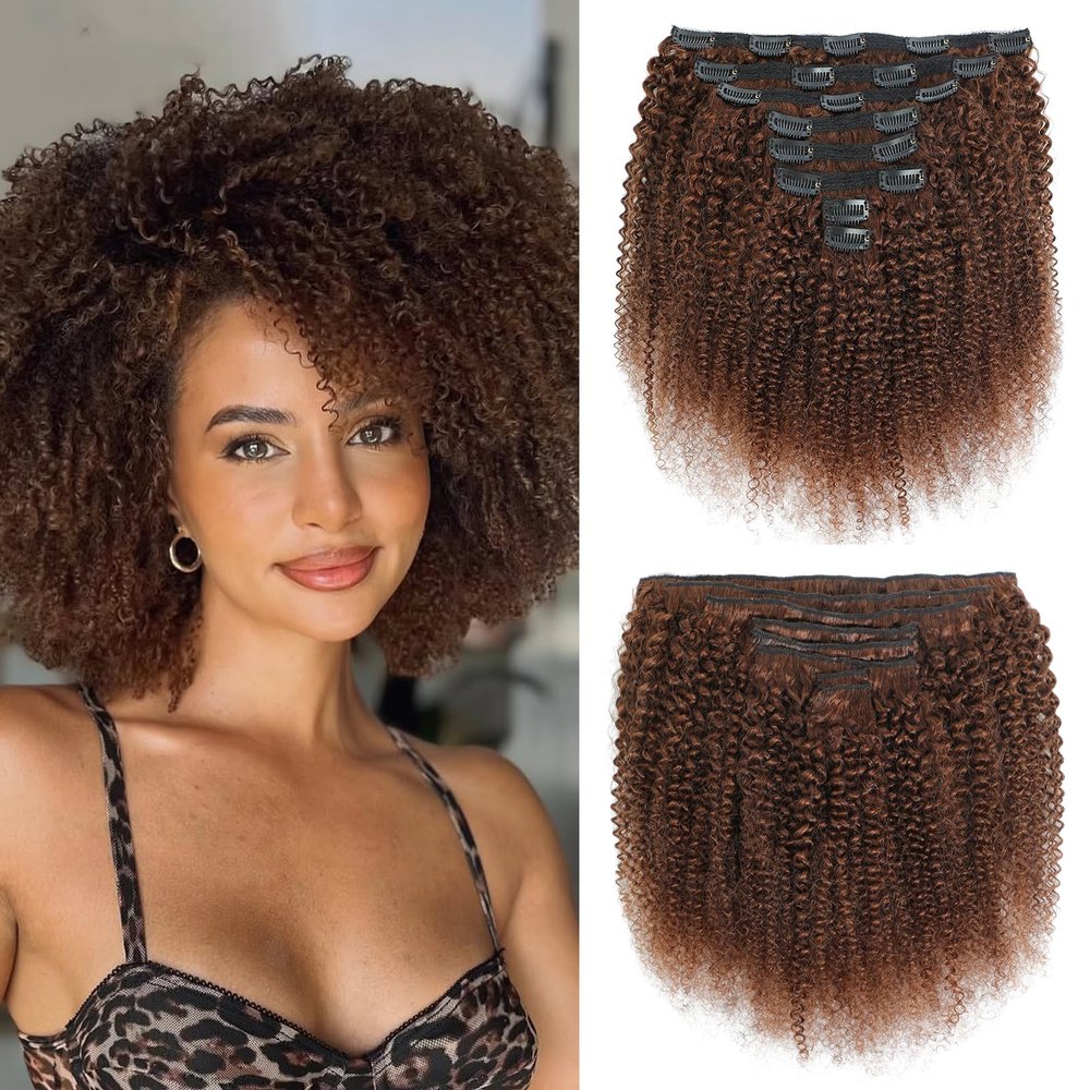 Afro Kinky Curly Clip Ins Human Hair 4C Hair Clip in Extensions Real Natural Human Hair for Black Women 8 pecs with 20 Clips 120g Dark Brown Color 14 Inch