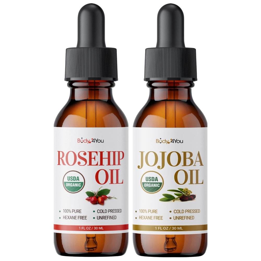 BodyJ4You Rosehip Oil + Jojoba Oil Set for Face Skin Hair - 100% Pure Natural USDA Organic Cold Pressed Carrier Oils - Non-GMO Hexane Free Undiluted Base for Gua Sha Scalp Massage Nails