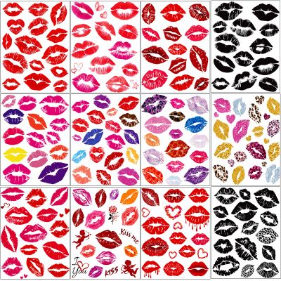 180 Pcs Fake Kiss Lip Tattoos Temporary Stickers for Adult Kids Women Men, 12 Sheets Valentine's Day Bright Red Kiss Lip Print Waterproof Tattoos for Halloween Costume Accessories and Parties