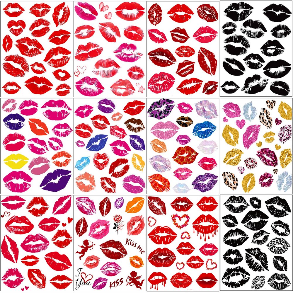 180 Pcs Fake Kiss Lip Tattoos Temporary Stickers for Adult Kids Women Men, 12 Sheets Valentine's Day Bright Red Kiss Lip Print Waterproof Tattoos for Halloween Costume Accessories and Parties