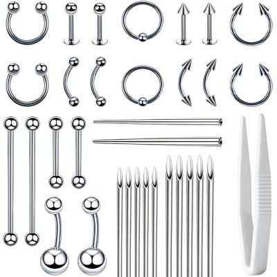 Body Septum Piercing Jewelry, 14G 16G Nose Tongue Lip Ear Eyebrow Belly Button Cartilage Tragus Industrial Barbell Helix Daith Body Jewelry with Piercing Needles (Silvery- 33 Piece Set)