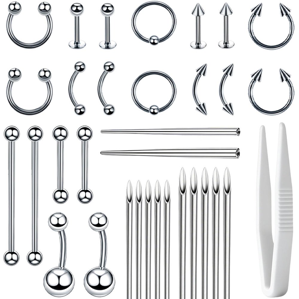 Body Septum Piercing Jewelry, 14G 16G Nose Tongue Lip Ear Eyebrow Belly Button Cartilage Tragus Industrial Barbell Helix Daith Body Jewelry with Piercing Needles (Silvery- 33 Piece Set)