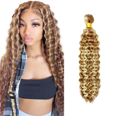 Blonde Bundles Human Hair Deep Wave Bundles 22 Inch Unprocessed Brazilian Virgin Hair P30/613 Highlight Brown Deep Wave Bundle Human Hair Extensions 50 Gram Per Bundle