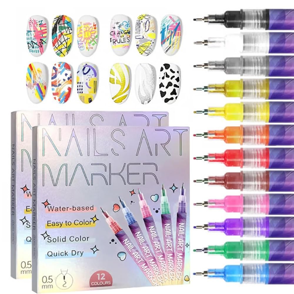 12 Colors Nail Art Pens Set, Nail Art Markers for Gel Markers DIY 3D Polish Pens Acrylic Paint Professional Brush Set Polish Drawing(2set)