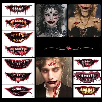 12 Sheets Halloween Tattoo Stickers Halloween Prank Makeup Temporary Tattoos for Adults Waterproof Tattoo Realistic Temporary Tattoos Scary Big Mouth Fake Tattoos for Halloween Cosplay Party