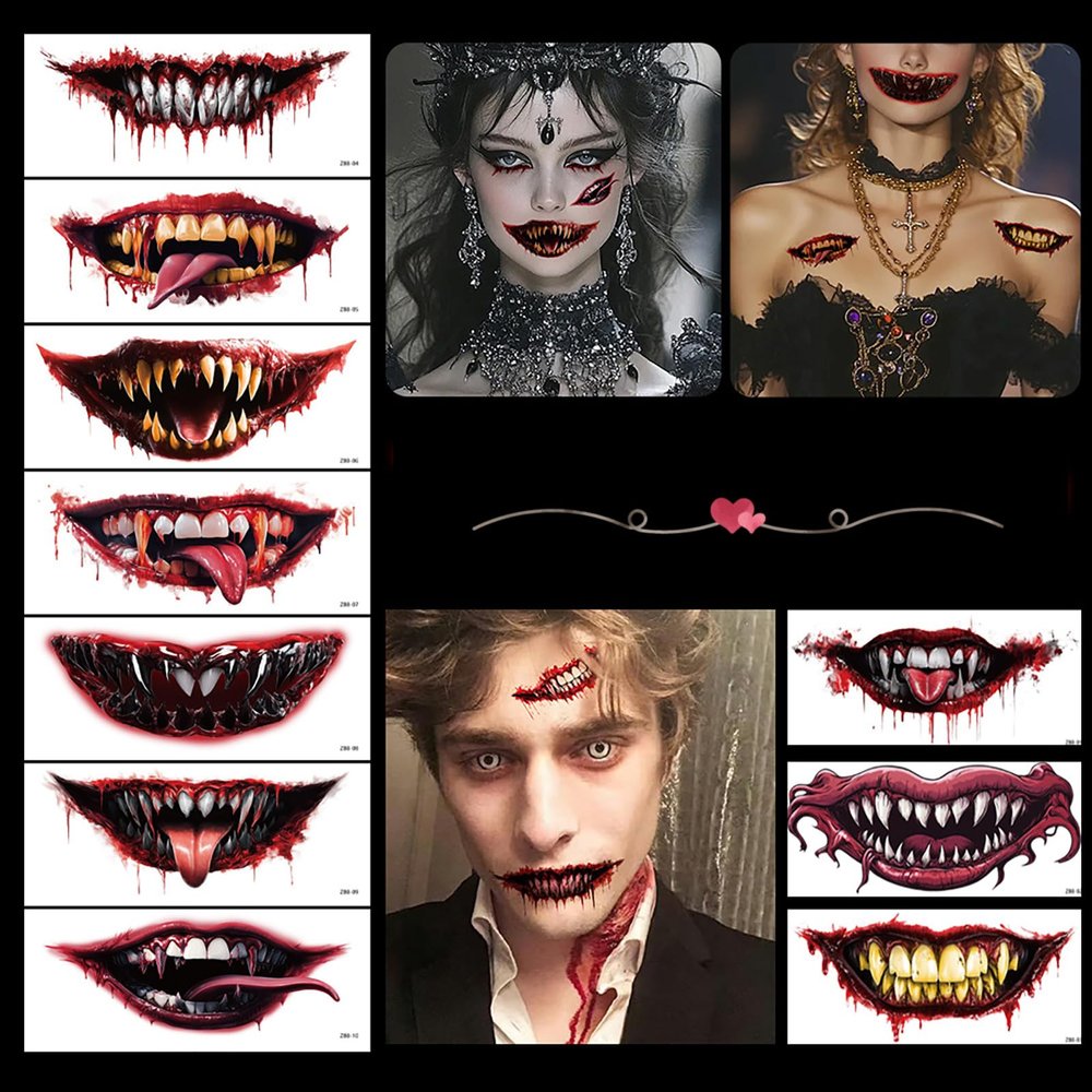 12 Sheets Halloween Tattoo Stickers Halloween Prank Makeup Temporary Tattoos for Adults Waterproof Tattoo Realistic Temporary Tattoos Scary Big Mouth Fake Tattoos for Halloween Cosplay Party