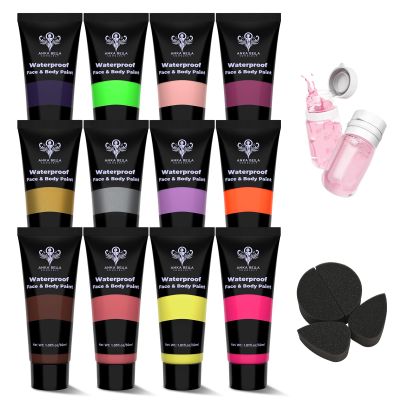 Anka Bella 12 Colors Waterproof Sweatproof Face Body Paint Set,Anti Smudge Cream Body Paint with Sponge and Makeup Remover,Halloween SFX Cosplay Stage Makeup Face Painting for Adult Children(Advanced)
