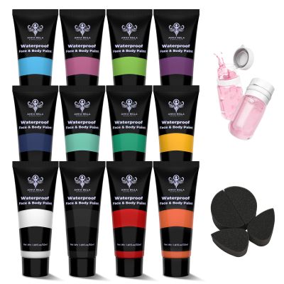 Anka Bella 12 Colors Waterproof Face Body Paint,Anti Smudge Sweatproof,Cream Body Paint with Sponge and Makeup Remover,Halloween SFX Cosplay Stage Makeup Face Painting for Adult and Children(Basic)
