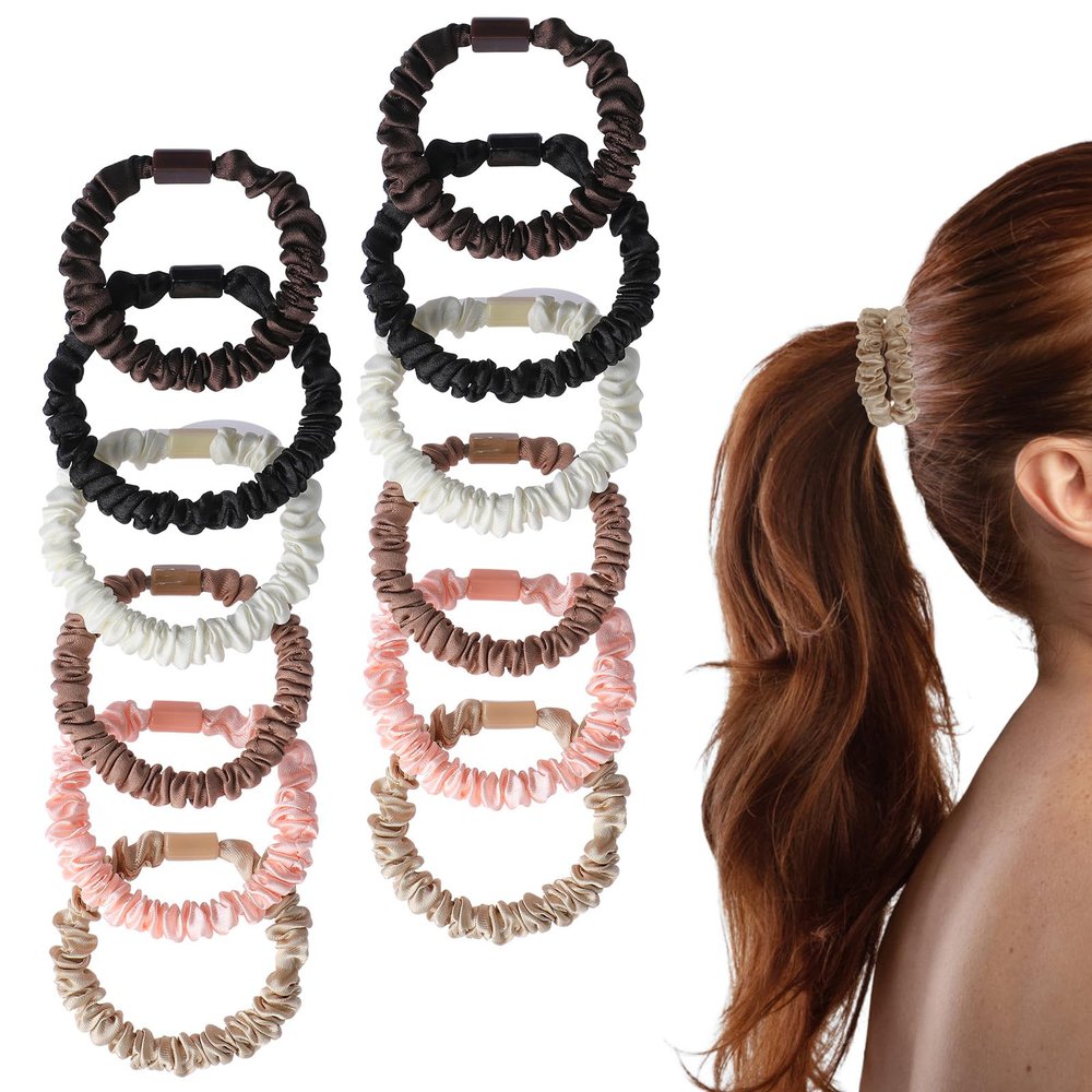12 Pcs Silk Scrunchies Small Silk Hair Ties 6 Colors Elastic Thick Hair Accessories Cute Soft No Slip Hairs Elastics Ponytail Holder for Curly Hairs No Damage Hairties Ladies Festival Gifts