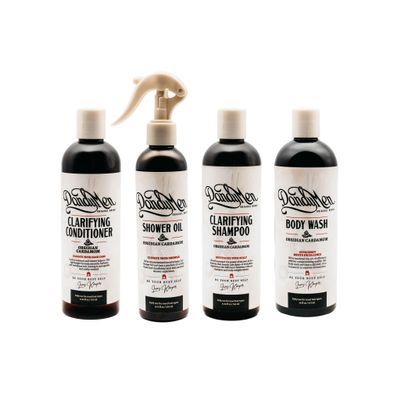 DandyMen Mens Shower Set  Shampoo, Conditioner, Body Wash & Shower Oil  Cleansing & Moisturizing Grooming Kit for Hair & Skin (Obsidian Cardamom)