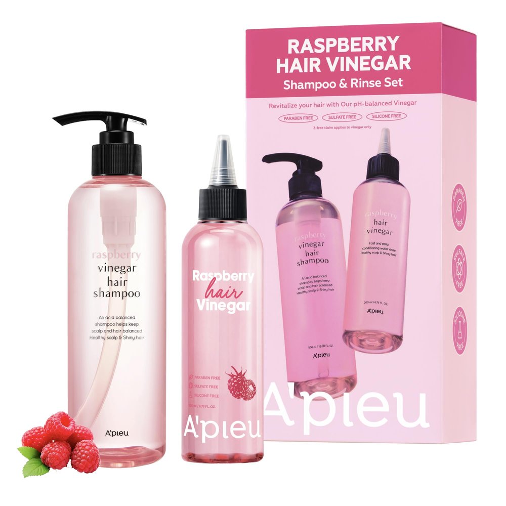 APIEU Raspberry Vinegar Shampoo & Hair Vinegar Rinse Conditioner Set  Scalp Clarifying, Buildup Removal, Refresing Finish, and pH-Balancing. Korean Hair Care (16.9 fl oz / 6.76 fl oz)
