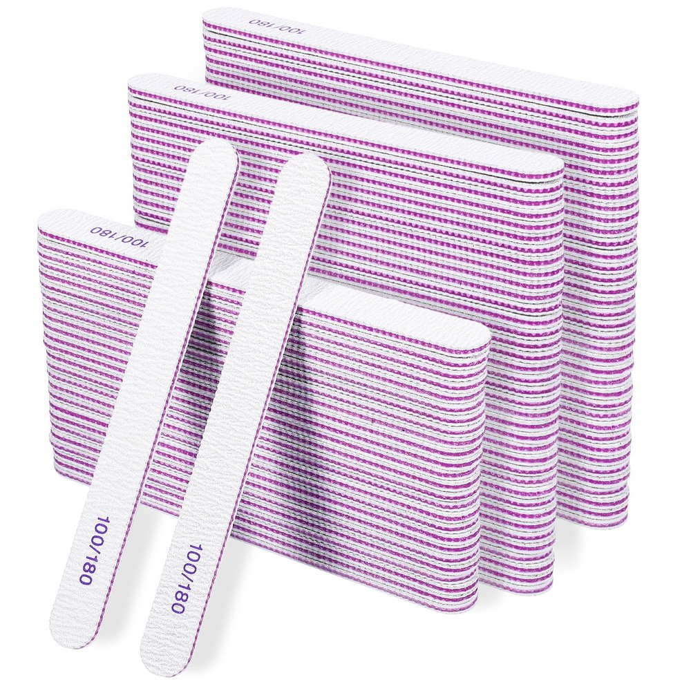 150 Pcs 100/180 Grit Nail Files, Double Sided Emery Boards, Washable Reusable Nail Buffers, Manicure Tools for Natural Acrylic Toenails Home and Salon Use