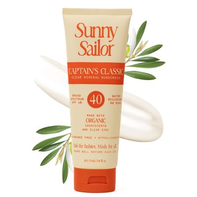 Sunny Sailor SPF 40 Sunscreen Captains Classic Mineral Sunscreen for Babies, Broad Spectrum Protection Sunblock w/Organic Ingredients, Zero White Cast, 80 Min. Water Resistance (3.4 Fl. Oz.)