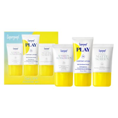Supergoop! Daily SPF Starter - Includes 3 Travel-Sized SPF Favorites: Unseen Sunscreen SPF 40, Mineral Mattescreen SPF 40, and PLAY Everyday Lotion SPF 50 - Non-Comedogenic