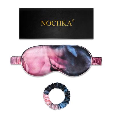 100% Mulberry Silk Sleep Mask Set - Adjustable Eye Mask with Pouch & Scrunchie for Men & Women, Large Size, Total Blackout, Hypoallergenic, Moisture-Wicking, Handcrafted in the USA (Blue & Blush Set)