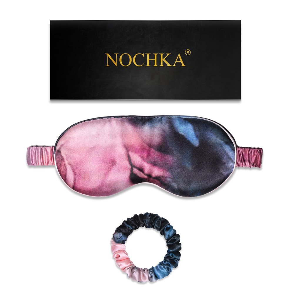 100% Mulberry Silk Sleep Mask Set - Adjustable Eye Mask with Pouch & Scrunchie for Men & Women, Large Size, Total Blackout, Hypoallergenic, Moisture-Wicking, Handcrafted in the USA (Blue & Blush Set)