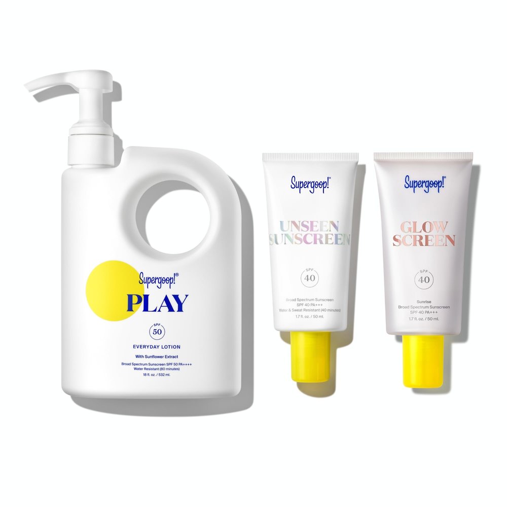 Supergoop! PLAY Everyday Lotion SPF 50 (18 oz) + Unseen Sunscreen (1.7 oz) + Glowscreen SPF 40, Sunrise (1.7 fl oz) - Broad Spectrum Body & Face Sunscreen Recommended for Sensitive Skin