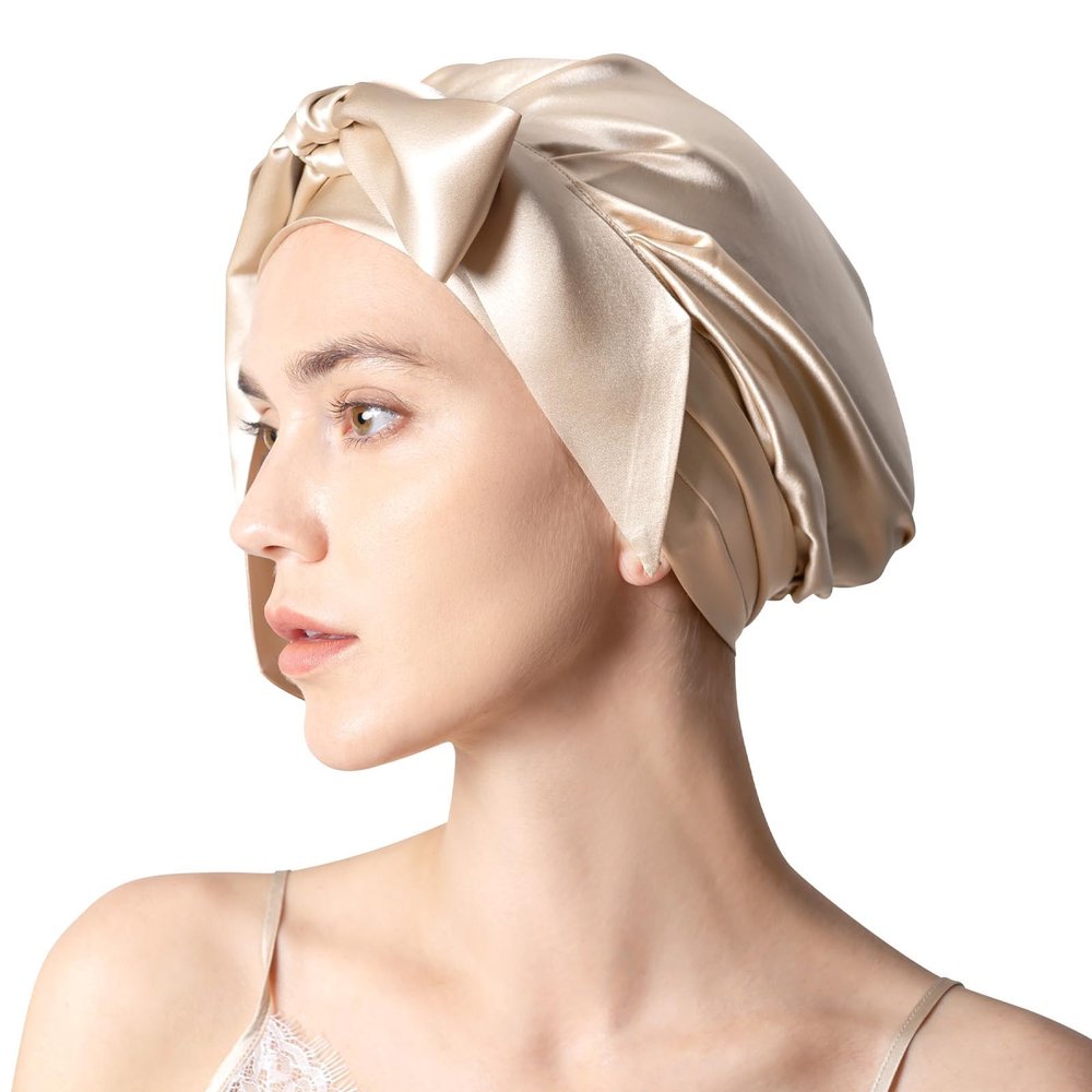 100% Mulberry Silk Bonnet for Sleeping Women, 22 Momme Grade-6A Hair Wrap with Elastic Stay& Tie Band On Head for Hair Care Short Long Curly Hair