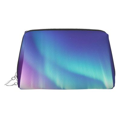 Northern Lights Makeup Bag for Women Cosmetic Bags Leather Travel Makeup Case Organizer Waterproof Make up Pouch Open Flat Toiletry Bag Portable Storage Pouch for Travelling