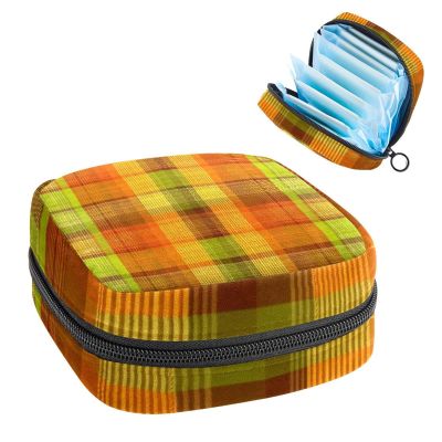 1Pc Period Bag for Women, Menstrual Pad Pouch for School Office, Reusable Sanitary Napkin Storage Bag Portable Feminine Period Kit Bag Vintage Orange and Lime Green Hues Autumnal Plaid Pattern