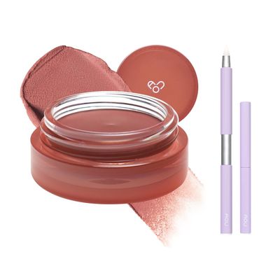 AOU FLOOFY MATTE BALM x Lip Brush - 01 Coral Balm & Pencil Brush | Tinted Blusher for Lips and Cheeks, Compact & Retractable Pencil Brush for Easy Carry with Pointed Tip