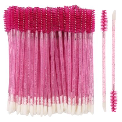 100 Pcs Disposable Mascara Wands Dual Ended Eyelash Brush Lip Brush, Lipstick Applicator Eyebrow Spoolies Brush for Eyelash Extensions - Hotpink