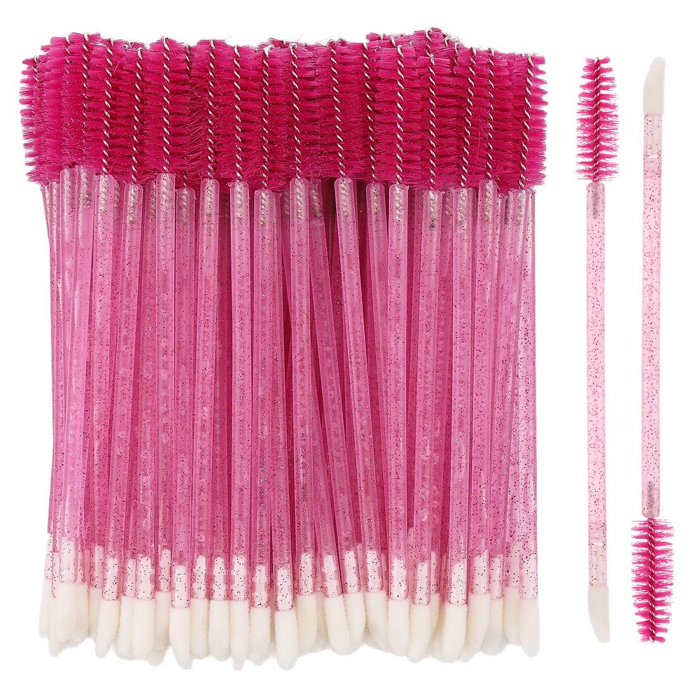 100 Pcs Disposable Mascara Wands Dual Ended Eyelash Brush Lip Brush, Lipstick Applicator Eyebrow Spoolies Brush for Eyelash Extensions - Hotpink